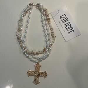 12th Tribe Angelica Cold Pearl Cross Statement Necklace